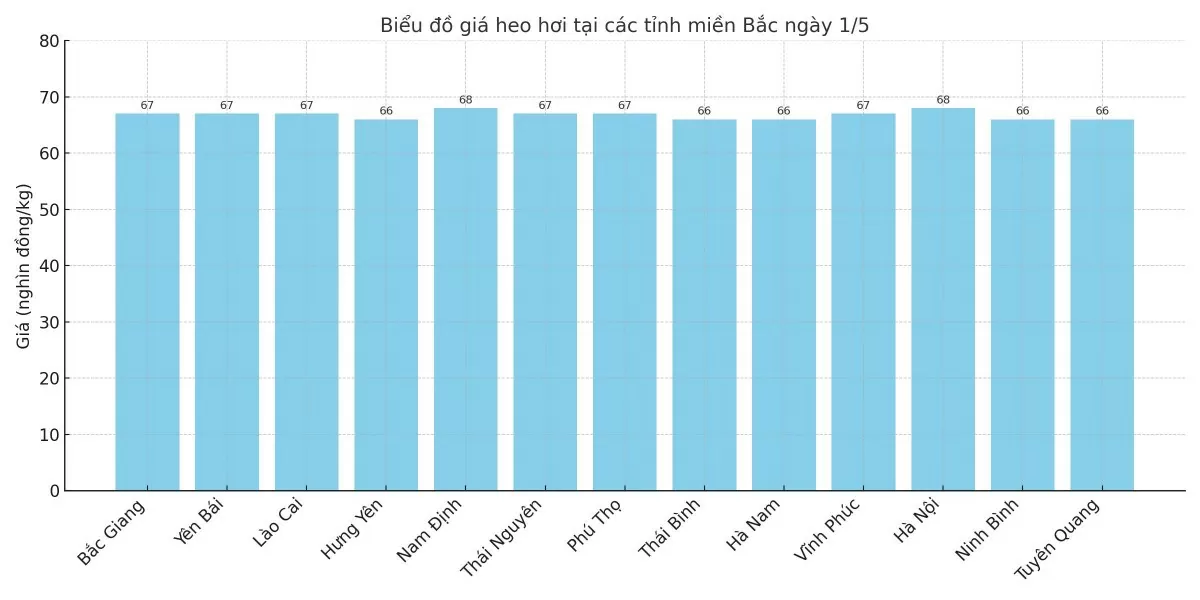 Biểu đồ giá heo hơi tại các tỉnh miền Bắc ngày 1/5.