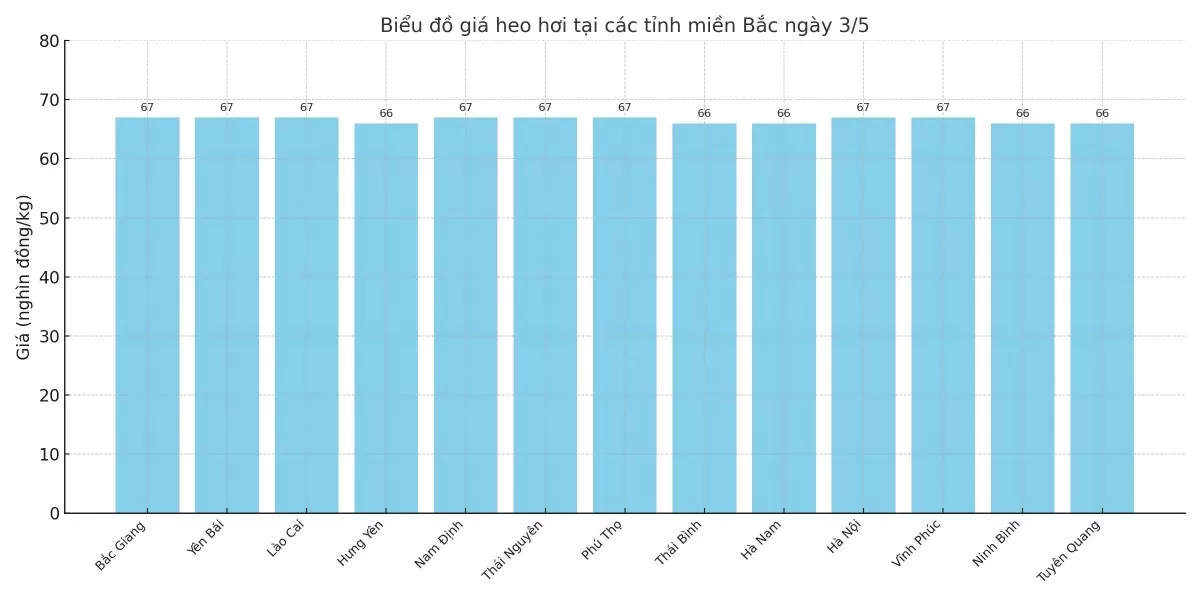Biểu đồ giá heo hơi tại các tỉnh miền Bắc ngày 3/5.