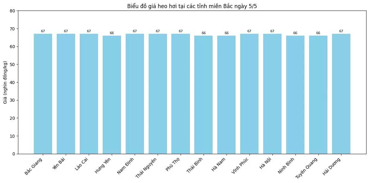 Biểu đồ giá heo hơi tại các tỉnh miền Bắc ngày 5/5.