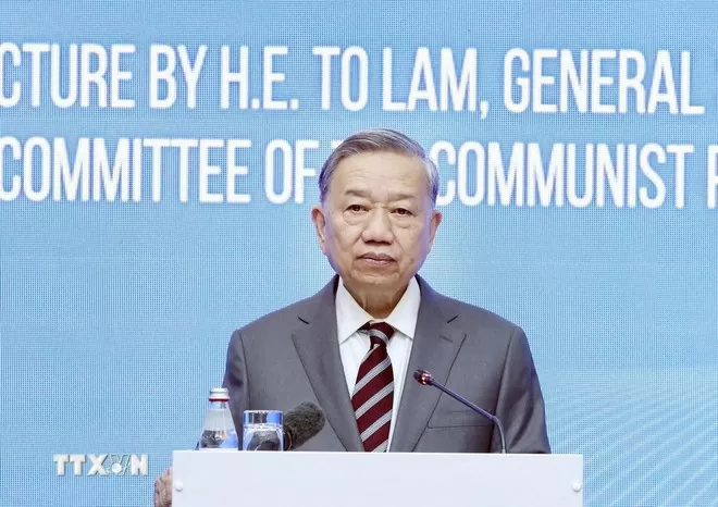 Tổng Bí thư Tô Lâm phát biểu về chính sách tại Học viện Hành chính Công trực thuộc Tổng thống Kazakhstan. Ảnh: TTXVN