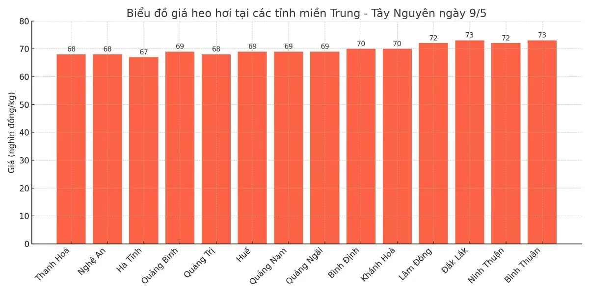 Biểu đồ giá heo hơi tại các tỉnh miền Trung - Tây Nguyên ngày 9/5.