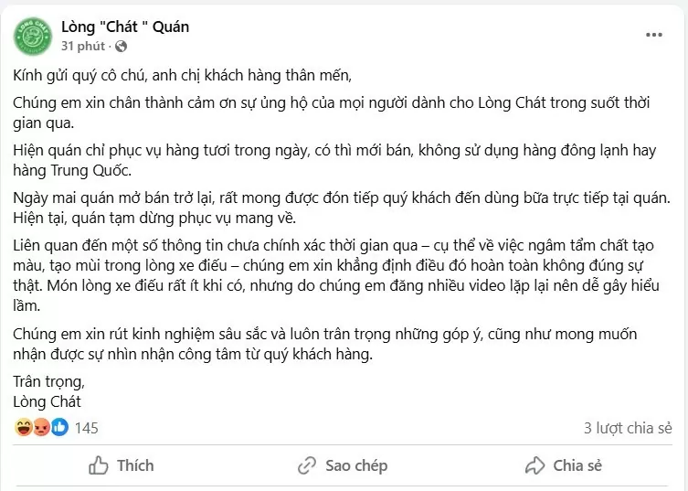 Vụ lòng se điếu: Lòng Chát mở cửa trở lại, nói không dùng hàng Trung Quốc