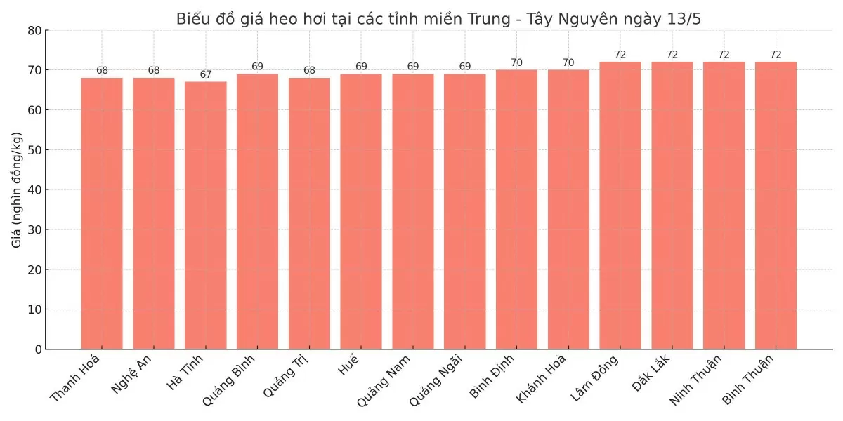Biểu đồ giá heo hơi tại các tỉnh miền Trung - Tây Nguyên ngày 13/5.