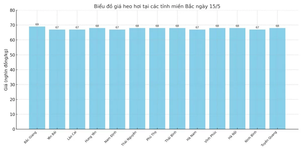 Biểu đồ giá heo hơi tại các tỉnh miền Bắc ngày 15/5.