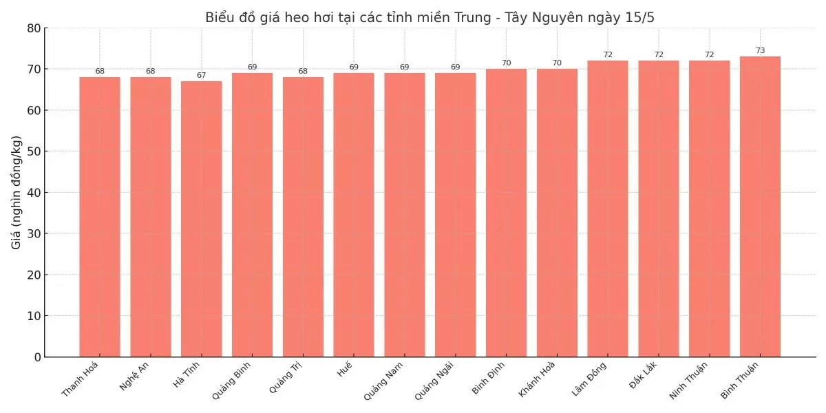 Biểu đồ giá heo hơi tại các tỉnh miền Trung - Tây Nguyên ngày 15/5.