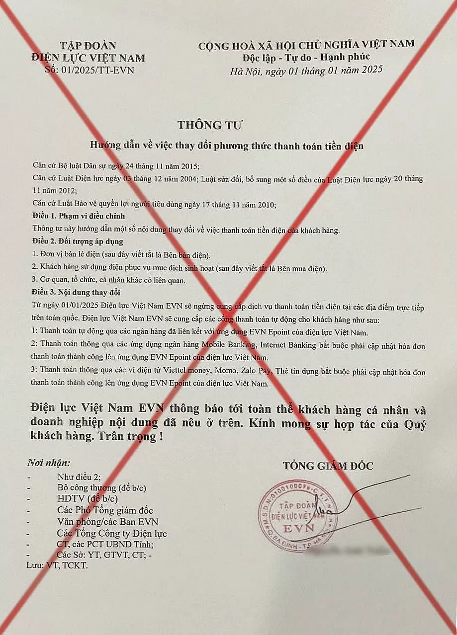 Người dân cần cảnh giác với văn bản giả mạo EVN về thu tiền điện