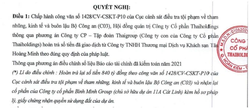 Thaiholdings trả 840 tỷ đồng cho Tân Hoàng Minh, nhận lại lô đất “kim cương” 11A Cát Linh