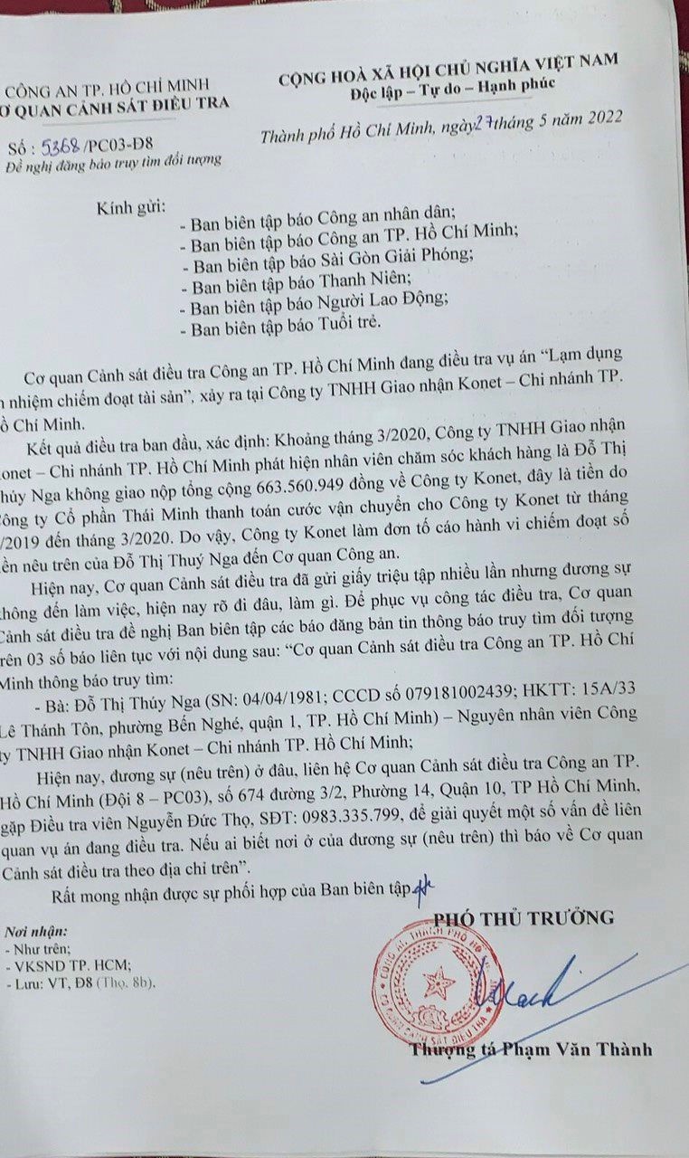 Công an TP.HCM truy tìm nhân viên công ty giao nhận chiếm đoạt hơn 663 triệu đồng