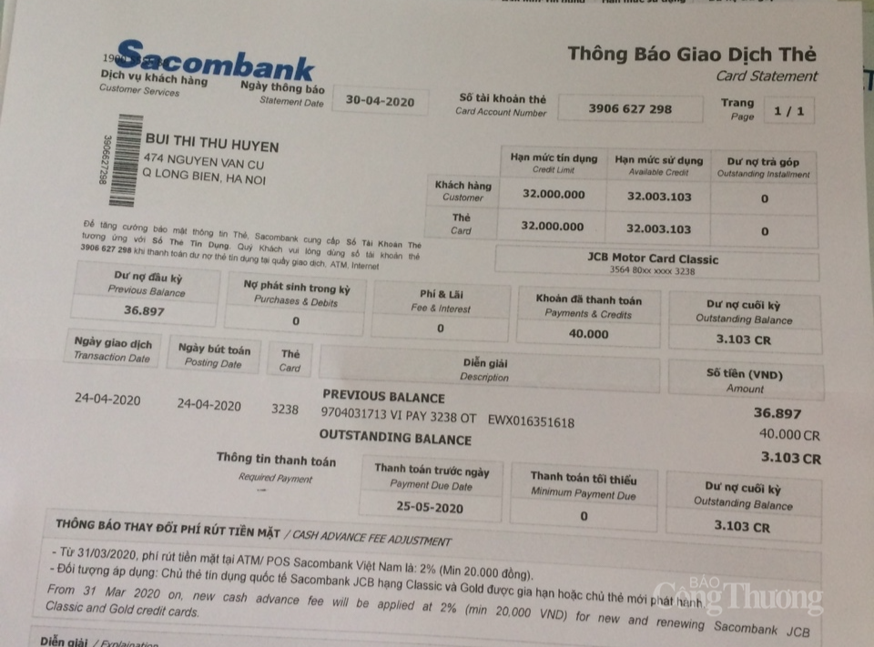 Sacombank “âm thầm” thu tiền phí gửi sao kê hàng tháng mà không thông báo cho khách hàng