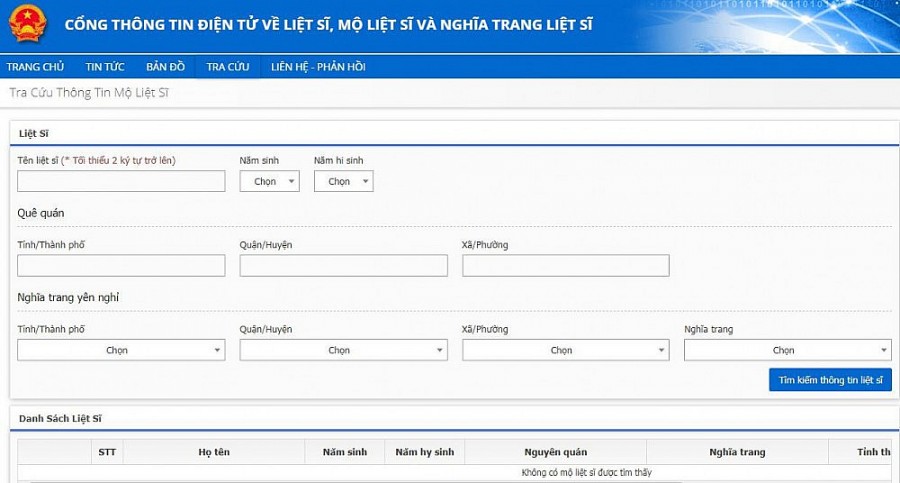 Hướng dẫn tra cứu, tìm mộ liệt sĩ trên trang web 