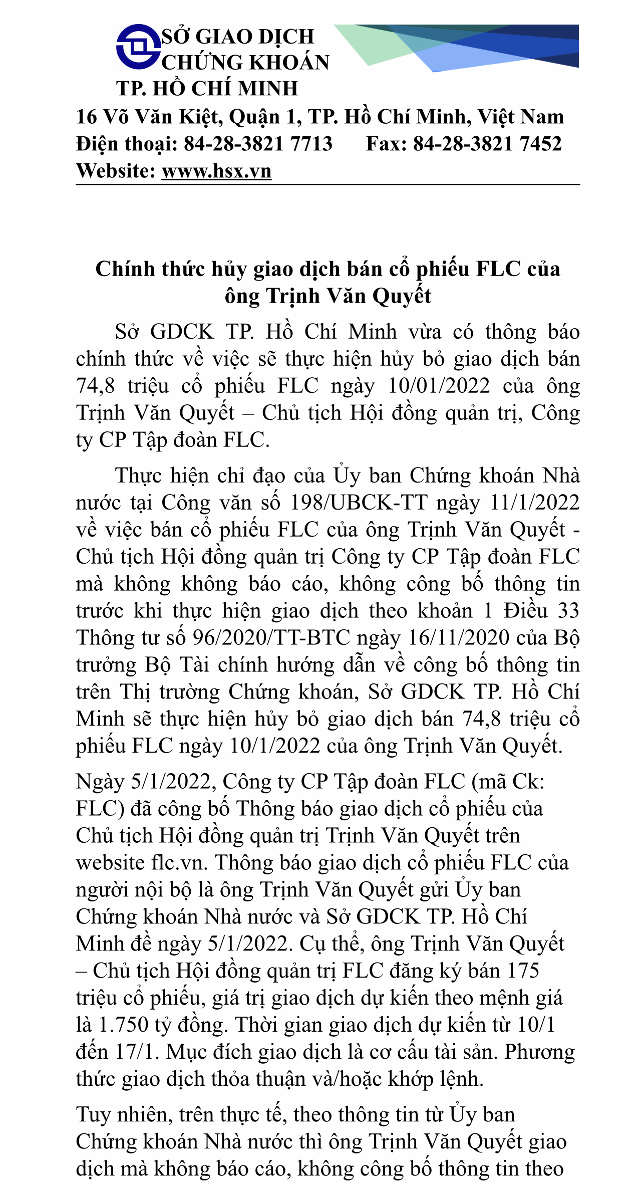 HoSE hủy toàn bộ giao dịch bán 74,8 triệu cổ phiếu FLC của ông Trịnh Văn Quyết