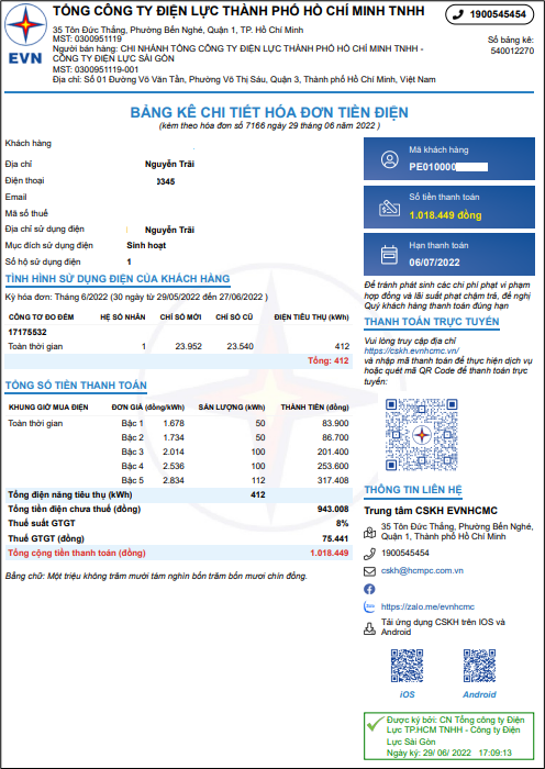 Từ ngày 1/7/2022: Điện lực TP. Hồ Chí Minh thay đổi mẫu hóa đơn tiền điện