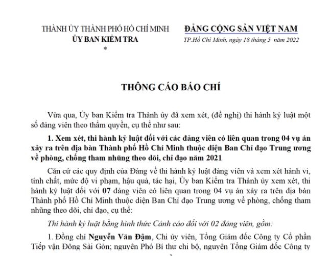 Ủy ban Kiểm tra Thành ủy TP. Hồ Chí Minh kỷ luật hàng loạt cán bộ