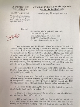 Lâm Đồng: Tạm dừng nhiều hoạt động kinh doanh dịch vụ từ ngày 21/3