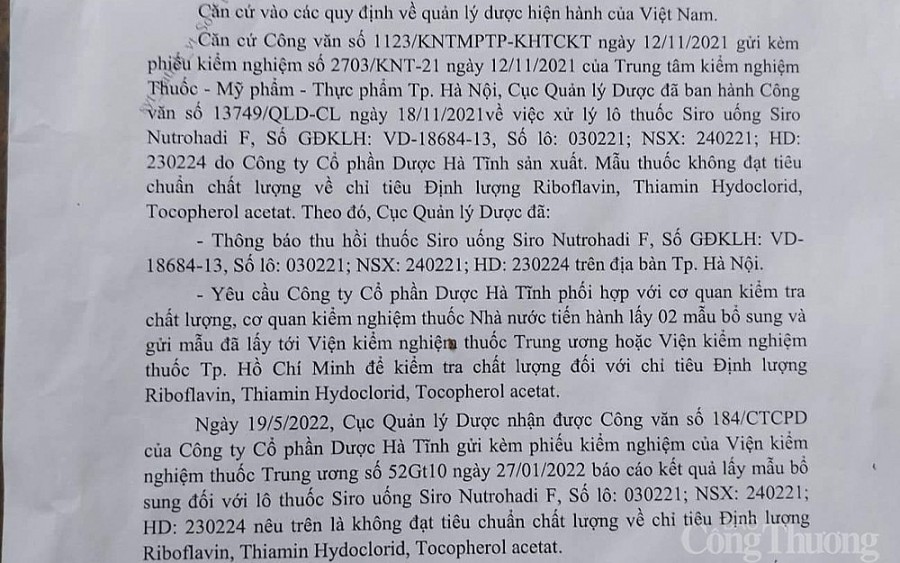 Công ty CP Dược Hà Tĩnh nói gì về thuốc bổ Siro Nutrohadi F bị buộc thu hồi?