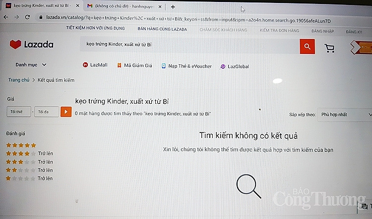 Phóng viên gõ từ khóa kẹo trứng Kinder, xuất xứ từ Bỉ trên các gian hàng online như Sendo, Shopee, Lazada thì không ra kết quả