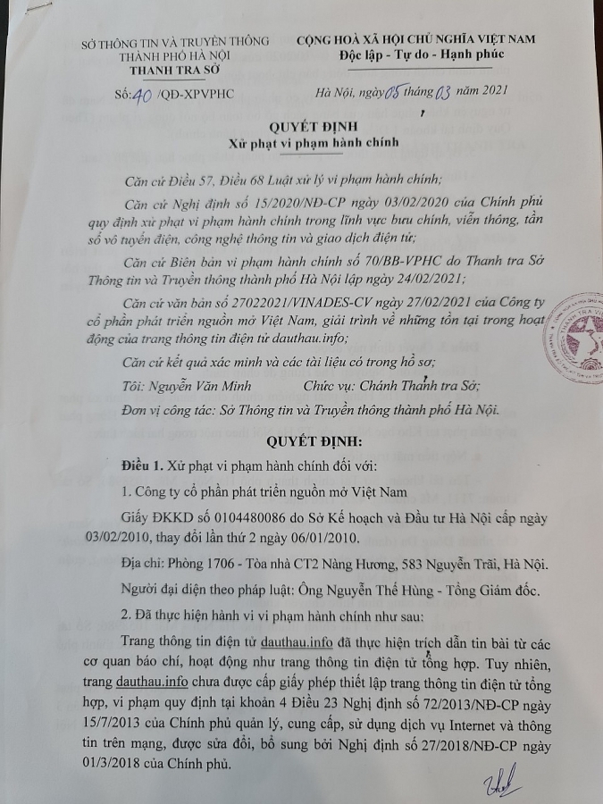 Quyết định xử phạt hành chính với Công ty CP phát triển nguồn mở Việt Nam
