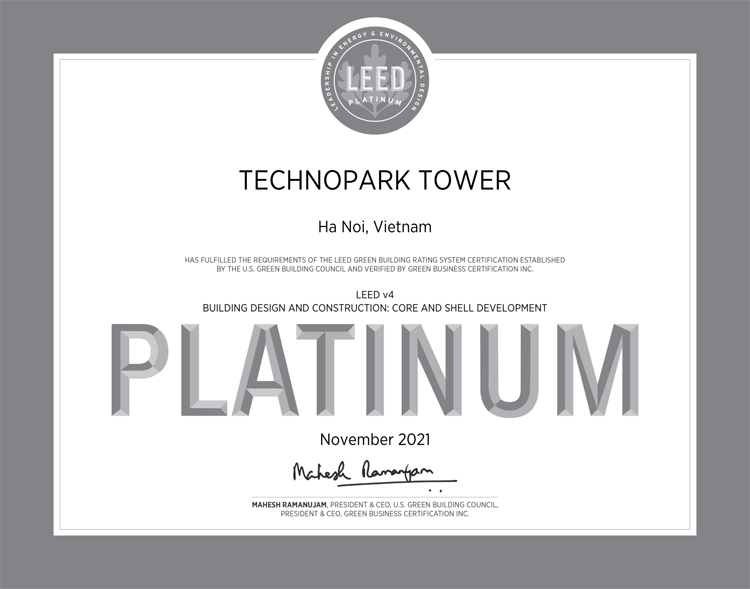 TechnoPark Tower đạt chứng chỉ Công trình Xanh LEED LEED Platinum