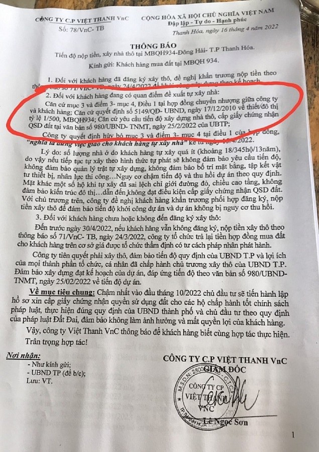 Thanh Hóa: Tổng Công ty Cổ phần Việt Thanh VNC vi phạm hợp đồng mua bán đất với khách hàng