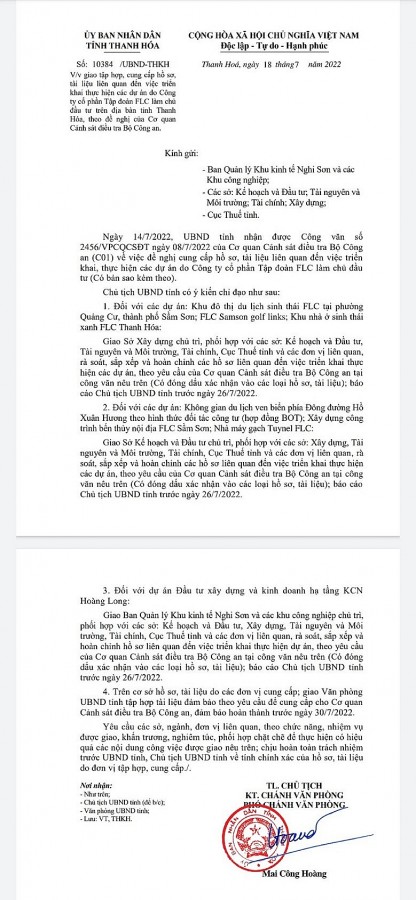 Thanh Hóa: Cung cấp hồ sơ 7 dự án do FLC là chủ đầu tư theo yêu cầu của Bộ Công an