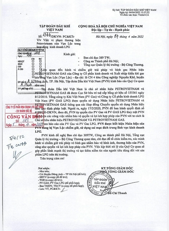 PVN tố cáo lên Ban chỉ đạo 389 quốc gia hành vi chiếm giữ trái phép vỏ bình gas PETROVIETNAM GAS